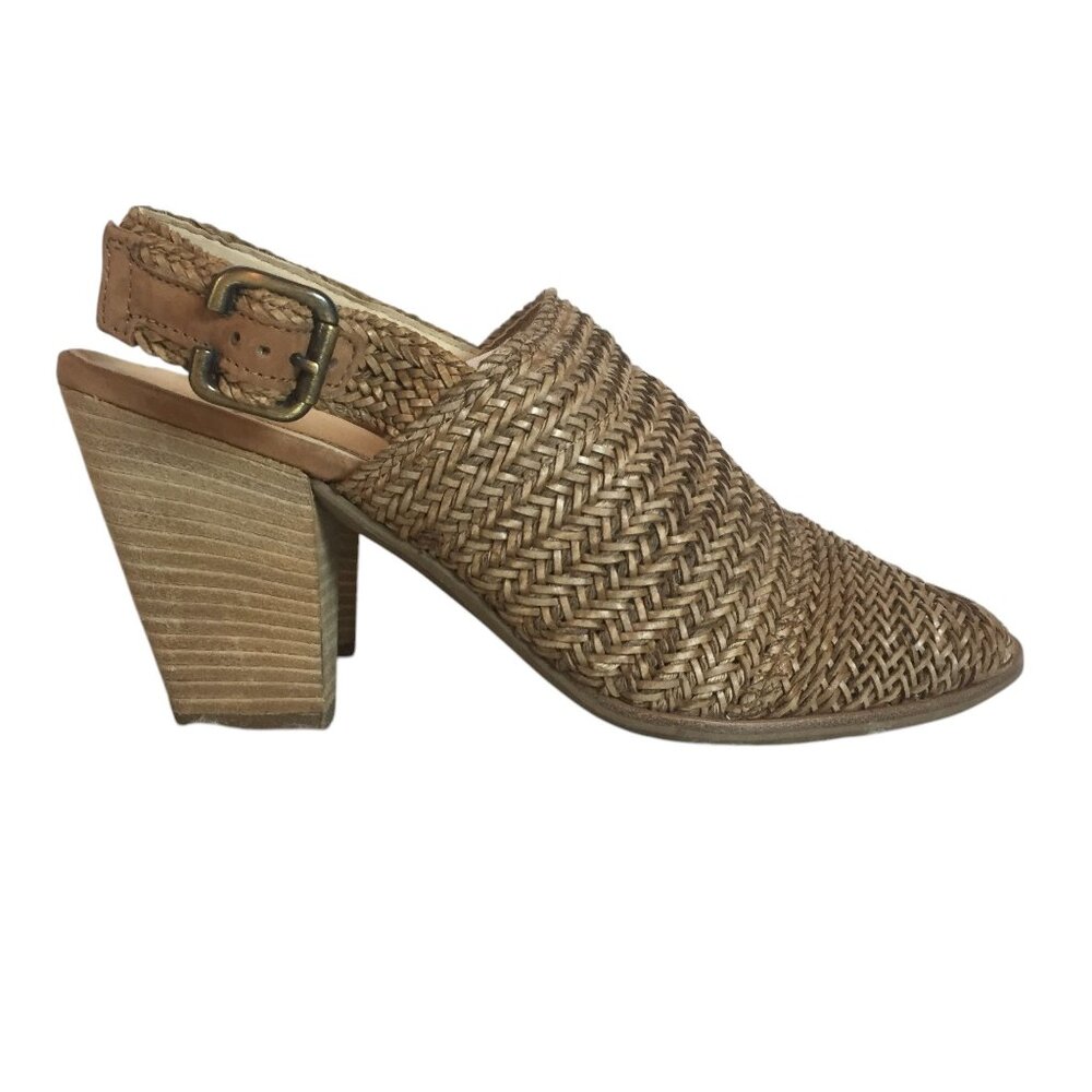 Paul Green Womens 7 Heeled Sandals Slingback Tan Woven Leather